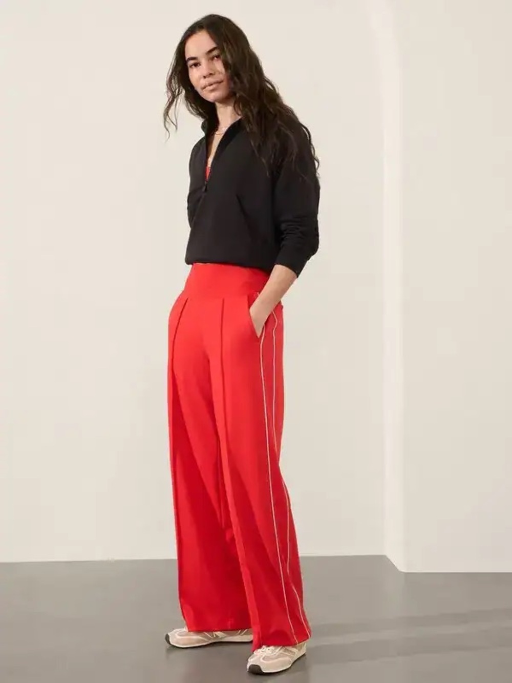 Athleta Venice High Rise Track Stripe Wide Leg Pant in Cardinal Red
